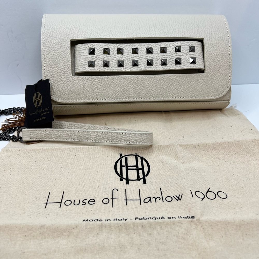 HOUSE OF HARLOW CLUTCH, MADE IN ITALY, BEIGE LEATHER, VERSATILE, UNIQUE DESIGN